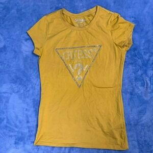 Guess yellow rhinestone logo tee women Size S